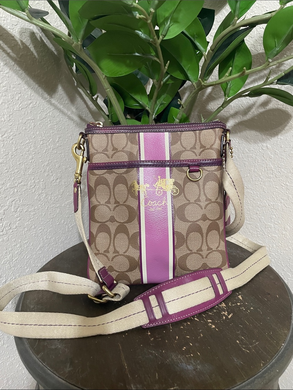 Coach Tan Signature Crossbody with Pink Stripe